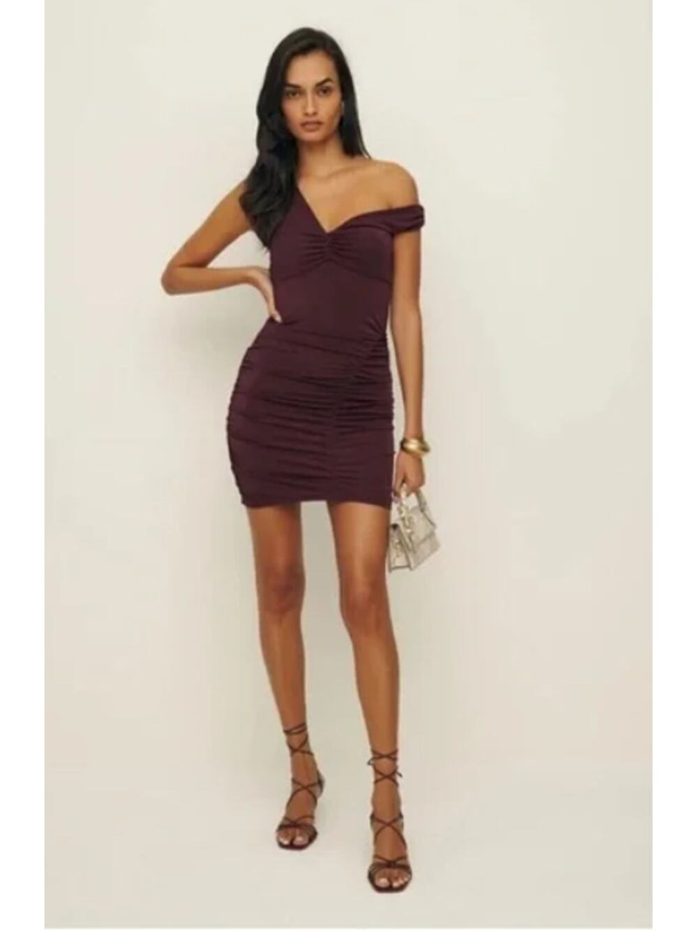Reformation Emma Knit Mini Dress in Mole M NWOT Ruched Bodycon Off Shoulder